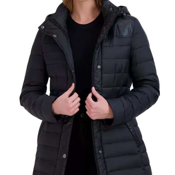 Tahari Womens Puffer Jacket Hooded Faux Leather Trim Puffer Coat Black Large NWT - Picture 8 of 14